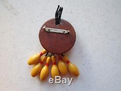 Vintage Bakelite Bowling Pins Hanging from a Wooden Bowling Ball Pin Brooch