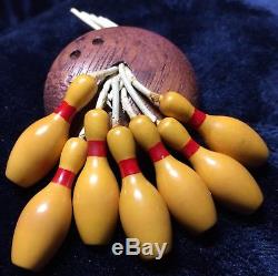 Vintage Bakelite Bowling Pins Hanging from a Wooden Bowling Ball Pin/Brooch