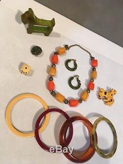 Vintage Bakelite Bracelet & Carved Brooch, Necklace, Pin Lot All Test Positive