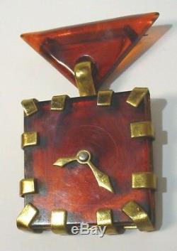 Vintage Bakelite & Brass Figural Faux Clock Brooch Pin RARE