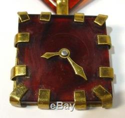Vintage Bakelite & Brass Figural Faux Clock Watch Fob Dangle Brooch Pin RARE