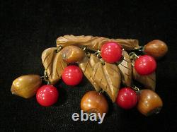 Vintage Bakelite Brooch Pin, 5 Cherry Dangles, 5 Carved Wood Leaves, 5 Acorns Wow