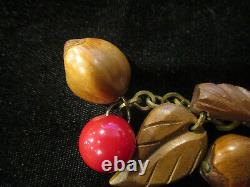 Vintage Bakelite Brooch Pin, 5 Cherry Dangles, 5 Carved Wood Leaves, 5 Acorns Wow