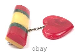 Vintage Bakelite Brooch Pin Dangling Heart Cherry Red 2.5 Patriotic Style