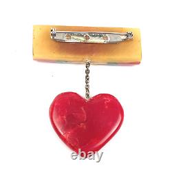 Vintage Bakelite Brooch Pin Dangling Heart Cherry Red 2.5 Patriotic Style