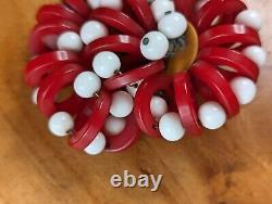 Vintage Bakelite Brooch Pin Red Unique Beaded Discs With White Glass Beads