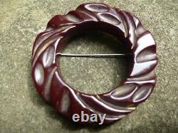 Vintage Bakelite Burgundy Carved Round Locking Clasp Pin (Simichrome tested)