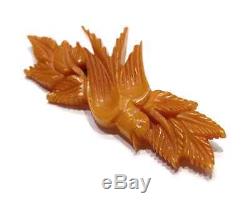 Vintage Bakelite Butterscotch Carved Bird Brooch Dove Leaf Pin