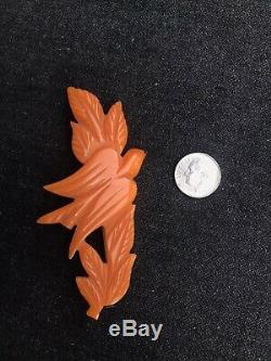 Vintage Bakelite Butterscotch Carved Bird Brooch Dove Leaf Pin