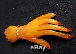 Vintage Bakelite Butterscotch Carved Hand Brooch Pin