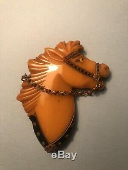 Vintage Bakelite Butterscotch Carved Horse Head Brooch PIN