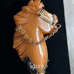Vintage Bakelite Butterscotch Carved Horse Head glass eye brass Brooch Pin