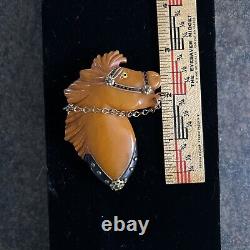 Vintage Bakelite Butterscotch Carved Horse Head glass eye brass Brooch Pin