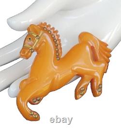 Vintage Bakelite Butterscotch Equestrian Horse Brass Rivets Glass Eye Brooch Pin