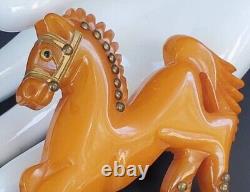 Vintage Bakelite Butterscotch Equestrian Horse Brass Rivets Glass Eye Brooch Pin
