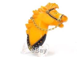 Vintage Bakelite Butterscotch Equestrian Horse with Chain Reins Brooch Pin