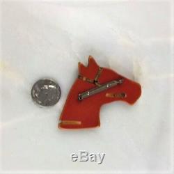 Vintage Bakelite Butterscotch Horse Head Glass Eye Brass Trim Pin Brooch