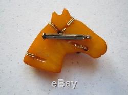 Vintage Bakelite Butterscotch Horse Head with Metal Bridle and Glass Eye Pin
