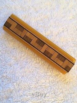 Vintage Bakelite Butterscotch Inlaid Marquetry Bar Pin 4 Types Of Exotic Wood