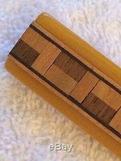 Vintage Bakelite Butterscotch Inlaid Marquetry Bar Pin 4 Types Of Exotic Wood