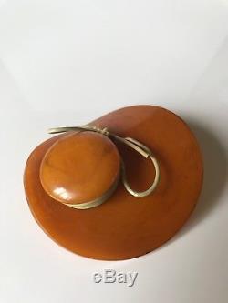 Vintage Bakelite Butterscotch Marble Hat Brooch, Bakelite Bonnet Pin, 1930s-40s