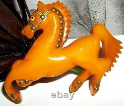 Vintage Bakelite Butterscoth Carved Horse Brass Rivets Glass Eye Brooch Pin