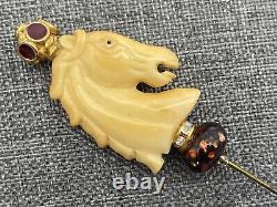 Vintage Bakelite Carousel Horse Rhinestone Stick Pin Hat Pin Carved Tie Tack