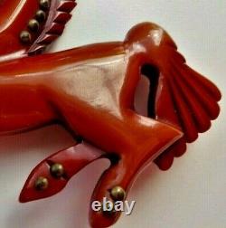 Vintage Bakelite Carved Equestrian Horse Brass Rivets Glass Eye Brooch Pin 3w
