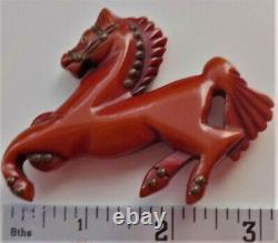Vintage Bakelite Carved Equestrian Horse Brass Rivets Glass Eye Brooch Pin 3w