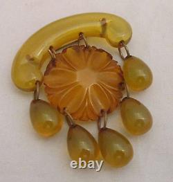Vintage Bakelite Carved Flower Apple Juice&Vaseline Egg Drops Dangle Pin Brooch