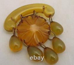 Vintage Bakelite Carved Flower Apple Juice&Vaseline Egg Drops Dangle Pin Brooch