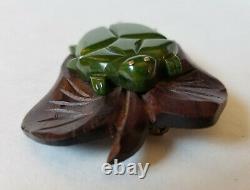 Vintage Bakelite Carved Green Ladybug Wood Leaf Brooch Pin Vintage Tested