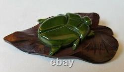 Vintage Bakelite Carved Green Ladybug Wood Leaf Brooch Pin Vintage Tested