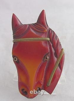 Vintage Bakelite Carved Large Horse Head Face Glass Eyes Brass Trim Pin Brooch