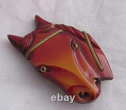 Vintage Bakelite Carved Large Horse Head Face Glass Eyes Brass Trim Pin Brooch