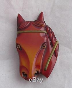 Vintage Bakelite Carved Large Horse Head Face Glass Eyes Brass Trim Pin Brooch