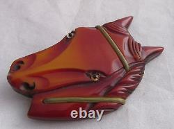 Vintage Bakelite Carved Large Horse Head Face Glass Eyes Brass Trim Pin Brooch