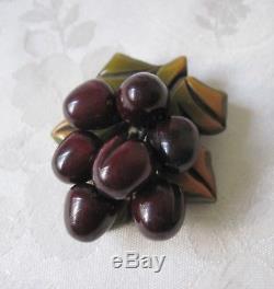 Vintage Bakelite Carved Leaf Pin Brooch Dangling Fruit Plums Green Butterscotch