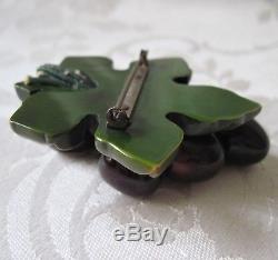 Vintage Bakelite Carved Leaf Pin Brooch Dangling Fruit Plums Green Butterscotch