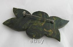 Vintage Bakelite Carved Spinach Green Marbled Mustard Yellow Flower Pin Brooch