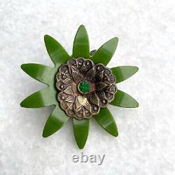 Vintage Bakelite Catalin Green Flower Brooch Pin 2 Simichrome Tested Estate