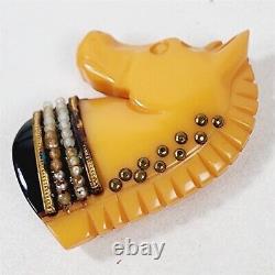 Vintage Bakelite Catalin Yellow Butterscotch Horse Head Carved Brooch Pin