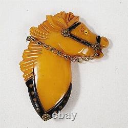Vintage Bakelite Catalin Yellow Butterscotch Horse Head Chain Carved Brooch Pin