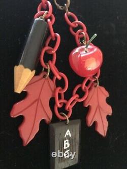 Vintage Bakelite Charm Bracelet Large School Charms Fall Pin Leaves Apple