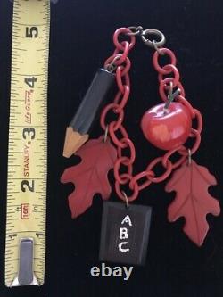 Vintage Bakelite Charm Bracelet Large School Charms Fall Pin Leaves Apple