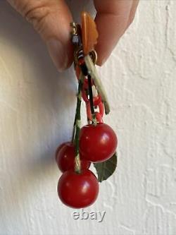 Vintage Bakelite Cherry & Carved Log Brooch Pin 1940s