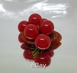 Vintage Bakelite Cherry Cluster Log Brooch Pin Simicrome Tested