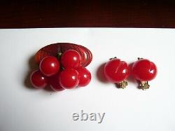 Vintage Bakelite Cherry Pin & Ear Set Book Piece