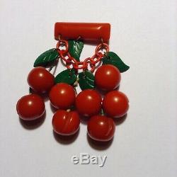 Vintage Bakelite Cherry Pin with Eight Cherries and Five Leaves All Original