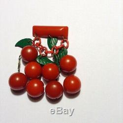 Vintage Bakelite Cherry Pin with Eight Cherries and Five Leaves All Original